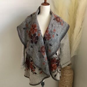 Floral Embroidered Wool Blend Jacket: Gray Shawl Collar, Made in Italy Size M